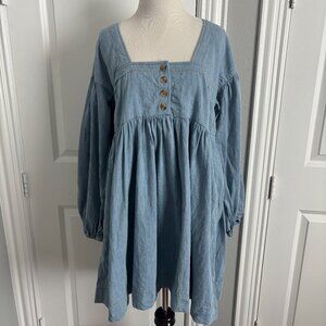 NWOT By Anthropologie Long-Sleeve Square Neck Denim Babydoll Mini dress Small